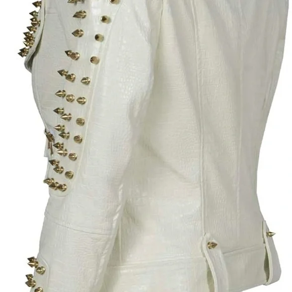 NWT SX Women Faux Leather PU White Jacket Studded Rivet Fashion Jacket Size M - Picture 5 of 12